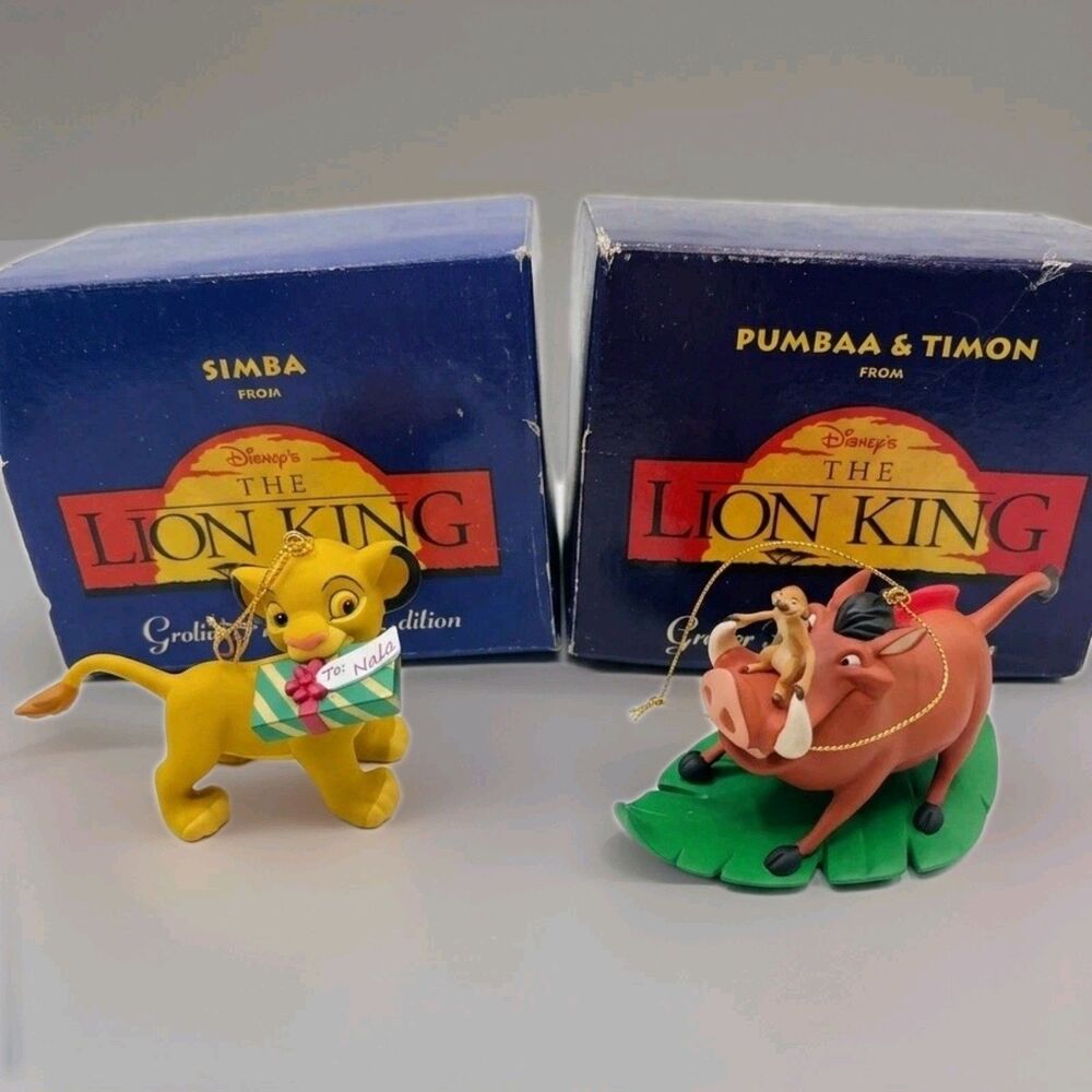 Disney Lion King Grolier Ornament Lot Simba Pumbaa Timon Lot Of 2 w/ Boxes